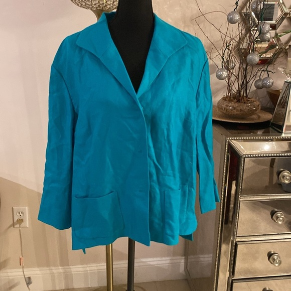 Lafayette 148 Linen Blazer Jacket Sz L Turquoise Blue 3/4 Sleeves - Picture 3 of 6